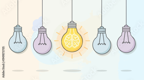 Creative lightbulb pendant illustration with brain design emphasizing innovation and bright ideas in a modern conceptual style