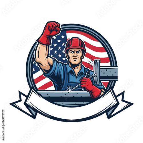 Hardworking construction hero with an american flag backdrop in bold emblem design