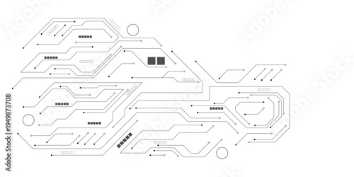 Abstract circuit board pattern vector illustration with geometric lines and dots, representing digital technology, data connection, and futuristic design on a clean white background.