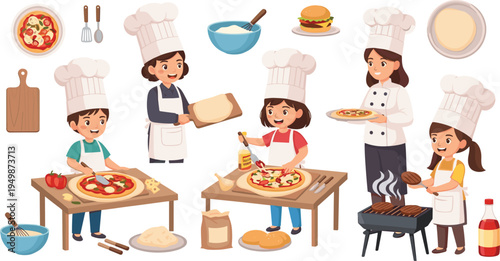 Kids Cooking Pizza with Chef Teacher Collection with Kitchen Tools Ingredients and Baking Activities Cartoon Vector Illustration Set