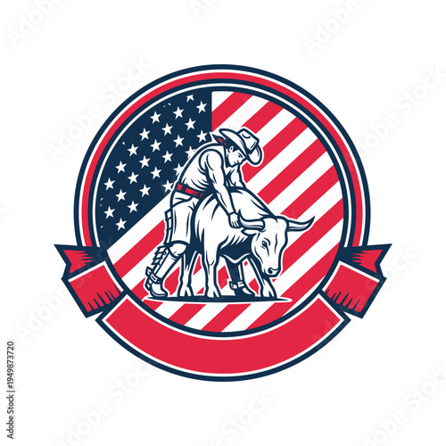 Cowboy riding a bull against the backdrop of an american flag emblem