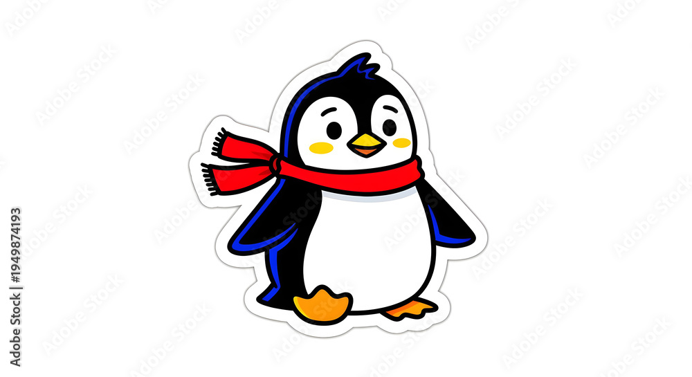 Obraz premium Delightful animated penguin character wearing a warm red scarf, perfect for cheerful winter season themes