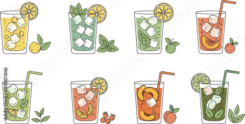 Refreshing Iced Fruit Drinks Vector Illustration Set Featuring Lemonade, Mint Mojito, Peach Tea and Citrus Summer Beverages with Ice