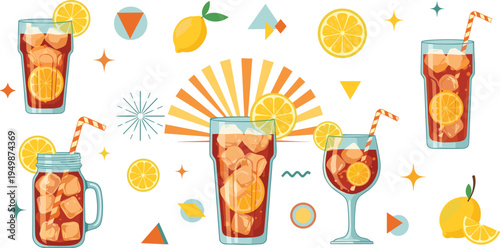 Refreshing Iced Lemon Tea Drinks Vector Illustration Set Featuring Citrus Lemon Slices, Cold Beverage Glasses and Summer Refreshment Collection