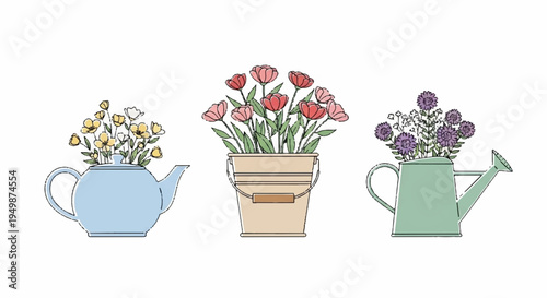 Three colorful watering cans with vibrant flowers gardening tools and pots on white background symbolizing spring growth and gardening