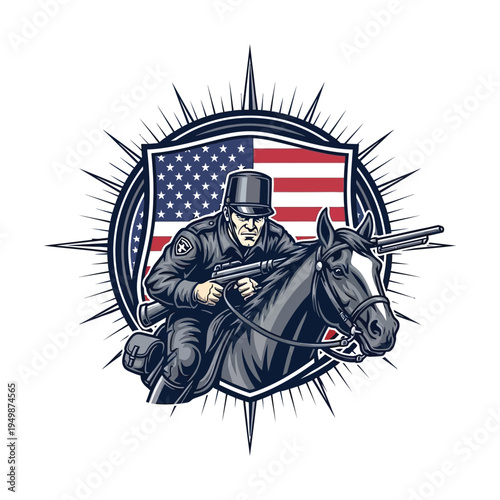 Vintage illustration of a mounted lawman with american flags in background