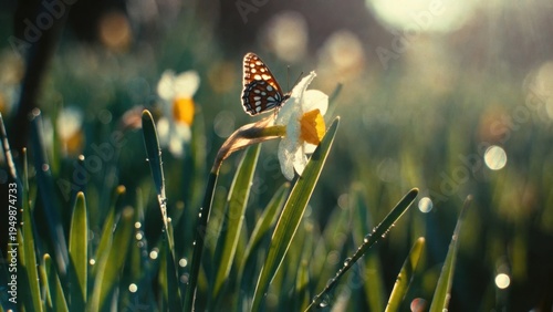 Butterfly on daffodil in dew-kissed meadow during sunrise.