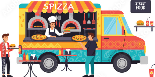 Street Food Pizza Truck Scene with Chef Serving Pizza Burgers and Drinks Mobile Fast Food Vendor Cartoon Vector Illustration