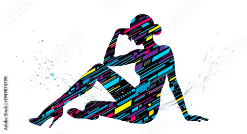 A colorful illustration of a woman sitting in a vibrant pose