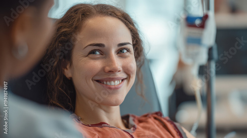 Smiling young female blood donor sitting in clinic chair during transfusion talking with medical staff in bright healthcare setting