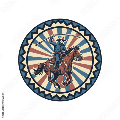 Vibrant depiction of a cowboy riding a spirited horse under a colorful sunburst
