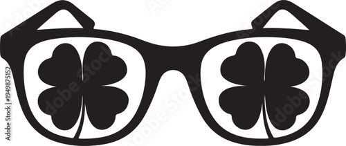A minimalist black silhouette of eyeglasses featuring four leaf clover patterns in the lenses