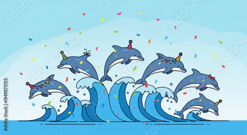 Seven dolphins jumping out of ocean waves with confetti in sunny blue water