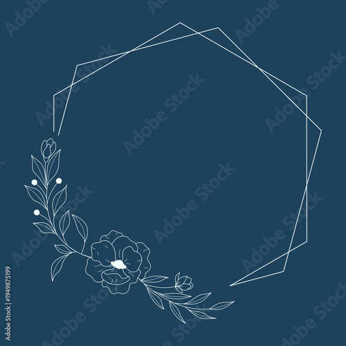 Floral polygon hand drawn style. Floral navy frame of twigs, leaves and flowers. Frames for Valentine’s Day, wedding decor, logo and identity template.