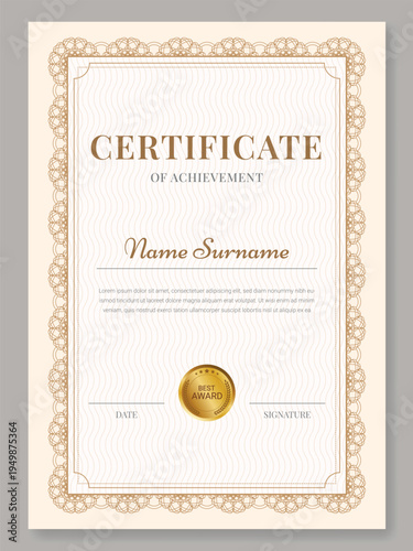 Golden Diploma Template Design in a Classic Style. Vertical format