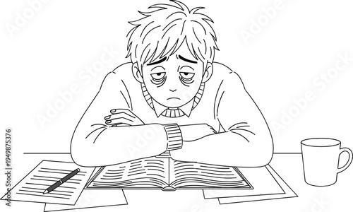 Tired student boy feeling exhausted while studying with books and coffee at desk black and white line art vector illustration.