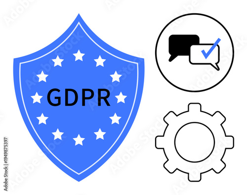 Blue shield with GDPR text and stars, chat bubble with checkmark, and gear cog. Ideal for data privacy, security, compliance, regulatory approval, data protection, governance simple flat metaphor