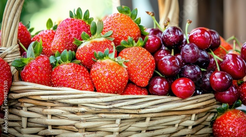 A basket filled with strawberries, cherries, and grapes, highlighting seasonal freshness, copy space available,