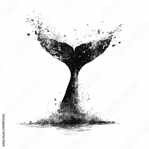 Artistic depiction of a whale tail splashing in the ocean with water spray.