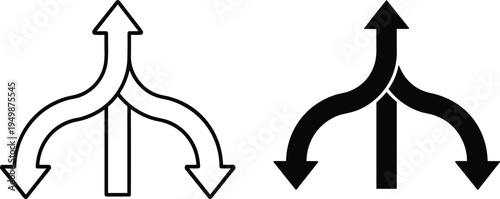 Three way branching arrow icons set showing merging and splitting paths in black silhouette and thin line art outline styles.