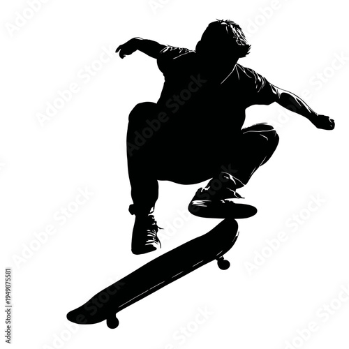 Silhouette of a skateboarder performing a trick against a white background.