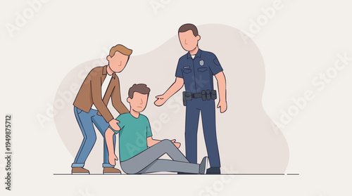 Emergency scene with a man on the ground receiving assistance from a woman and a police officer, illustrating first aid and safety response