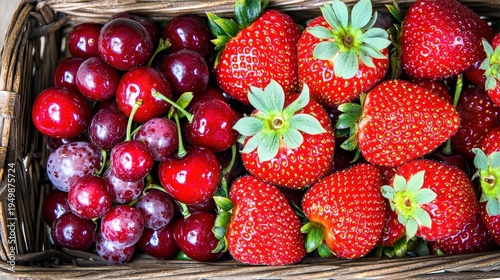 A basket filled with strawberries, cherries, and grapes, highlighting seasonal freshness, copy space available,
