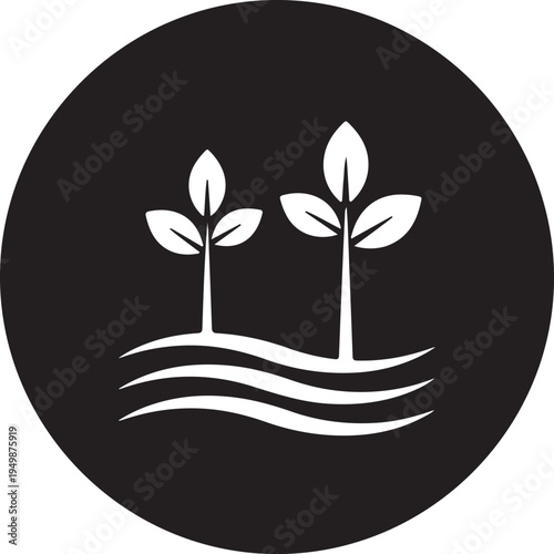 A minimalist white icon of two small saplings emerging from wavy soil lines on a black background