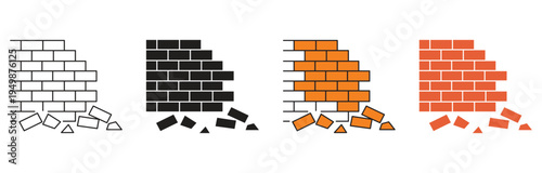 Demolition brick wall icon Set Multiple Style Collection. Vector illustration.