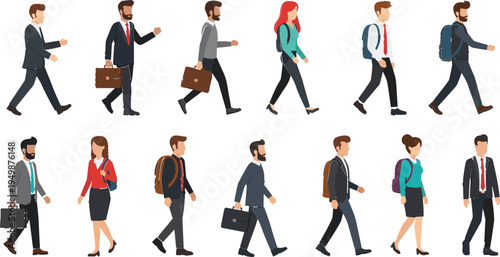 Business People Walking Collection Cartoon Illustration Set Featuring Office Workers with Briefcases Backpacks and Formal Suits for Corporate Lifestyle Design