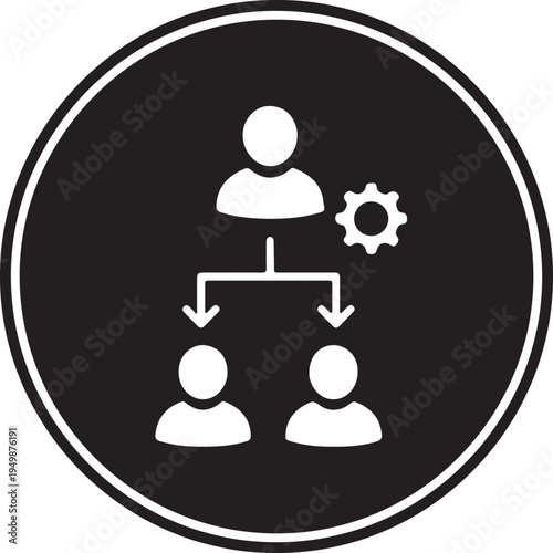 A minimalist white icon on a black circular background depicting a hierarchical management structure