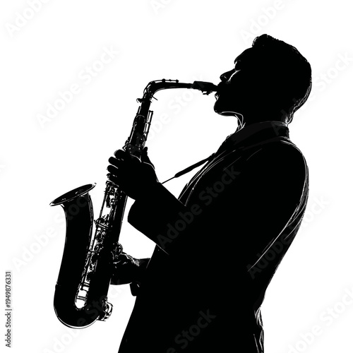Silhouette of a musician playing the saxophone against a white background.