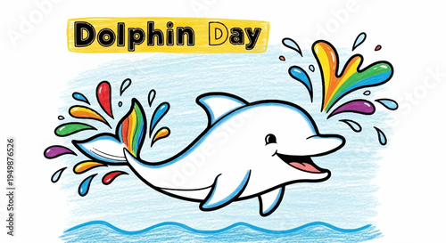 Smiling dolphin jumping out of water with rainbow splash playful aquatic scene