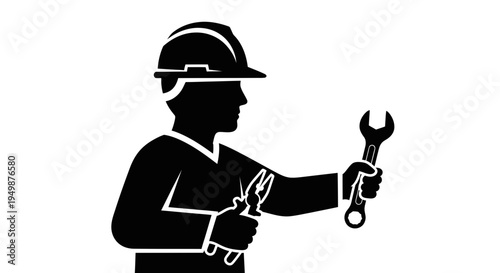 Worker holding wrench and pliers tool.