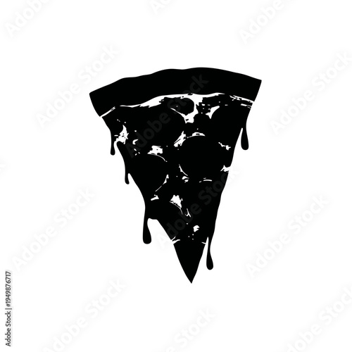 Black and white illustration of a delicious pizza slice with dripping cheese.