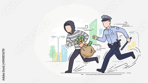 Illustration of a thief stealing money from a police officer in a crime and law enforcement concept