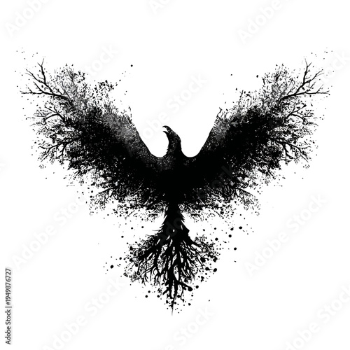 Black phoenix bird with tree branches wings illustration on white background.