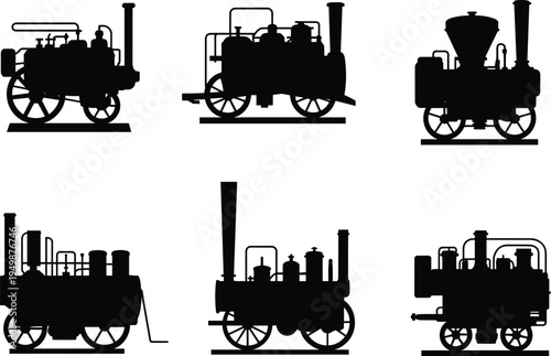 Steam locomotive silhouette set, early railway engines with smokestacks and wheels, vintage train vector illustration, black white transport design