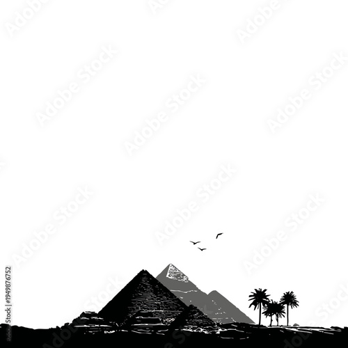 Black and white illustration of the Giza pyramids with palm trees and birds.