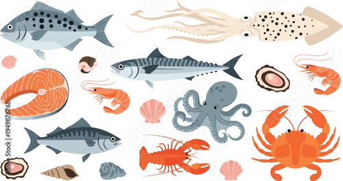 Seafood and marine animals vector set. Fish, squid, octopus, crab, lobster and shrimp illustrations. Ocean sea life collection for seafood menu design.