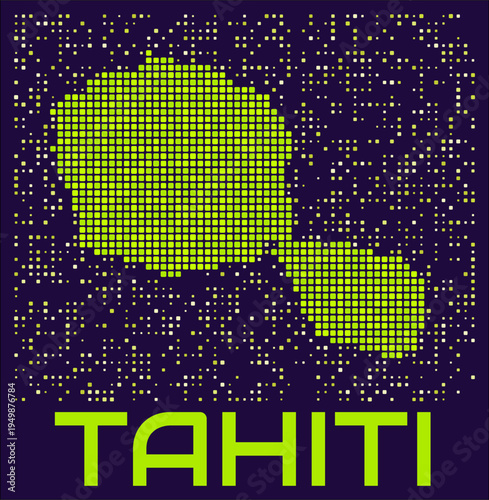 Tahiti dots map. French Polynesia. Digital style shape of the island. Tahiti map and title lime colored square dots with round corners. Elegant Vector Illustration.