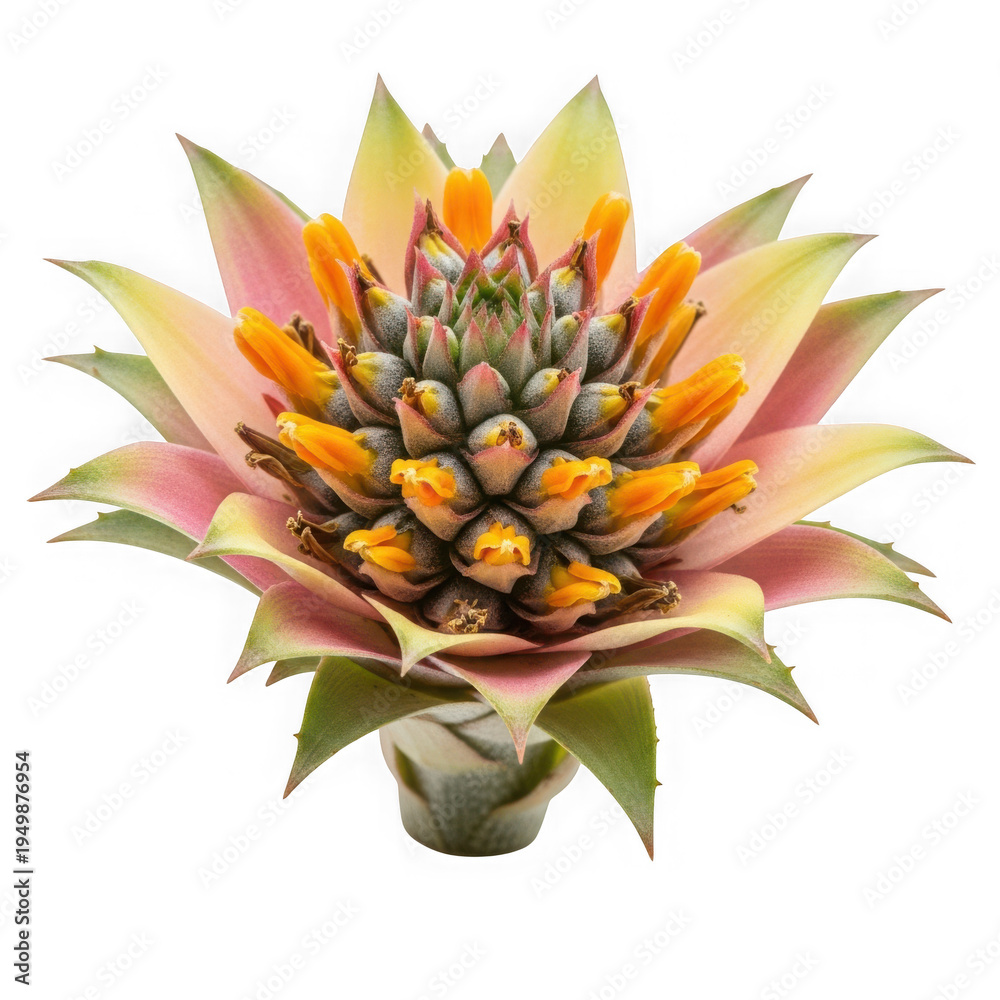 Fototapeta premium A vibrant and detailed close-up view of a blooming bromeliad plant with colorful leaves isolated on white background