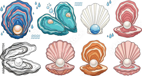 Colorful oyster pearl seashell set. Open shell with shiny pearls and marine elements. Ocean treasure collection for beach and nautical design.