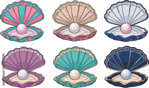 Pearl oyster seashell collection. Colorful open shell with pearl illustrations. Elegant marine treasure icons for ocean and beach design.