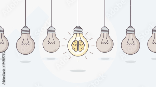 Innovative lightbulb with brain imagery representing creativity and ideas, hanging among traditional bulbs in a modern conceptual design