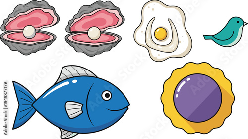 Seafood and marine food cartoon set. Fish, oyster pearl, fried egg, candy and bird icons. Cute colorful food illustration collection.