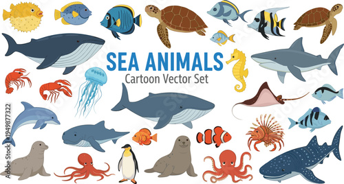 Sea animals cartoon vector collection. Marine wildlife including shark, whale, turtle, dolphin, octopus and fish. Cute ocean animal set for kids design.