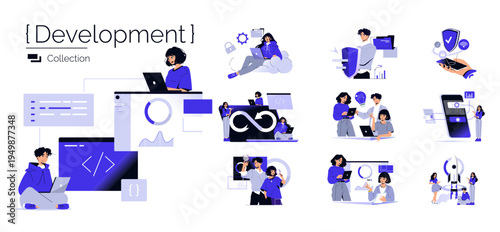 Tech Team Digital Development Vector Illustration Set