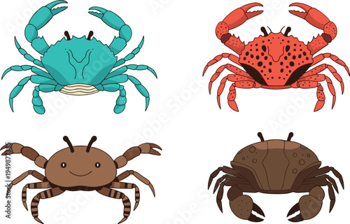 Cartoon crab character set. Colorful sea crab mascots and marine crustacean icons. Cute ocean animal illustrations for seafood, beach and nautical design.