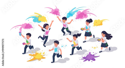 Colorful illustration of joyful people celebrating Holi festival with vibrant color powder splashes in air, conveying a lively and festive atmosphere against a clean white background.